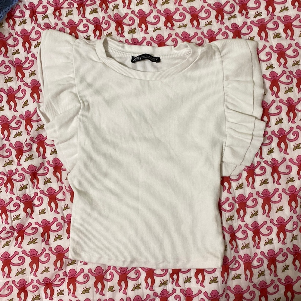 Zara ribbed white ruffle top